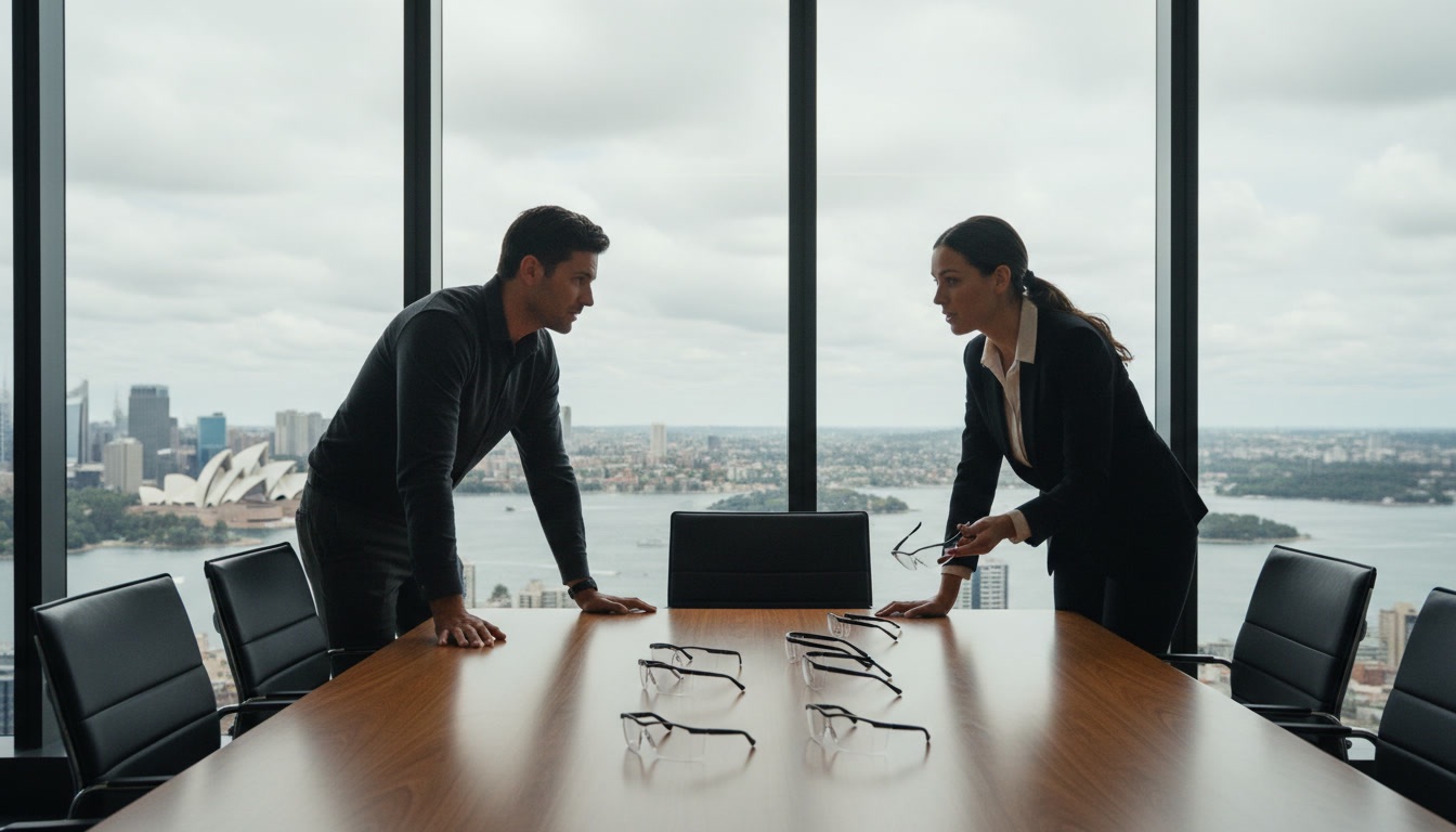 Office meeting room overlooking Sydney with safety glasses on the table