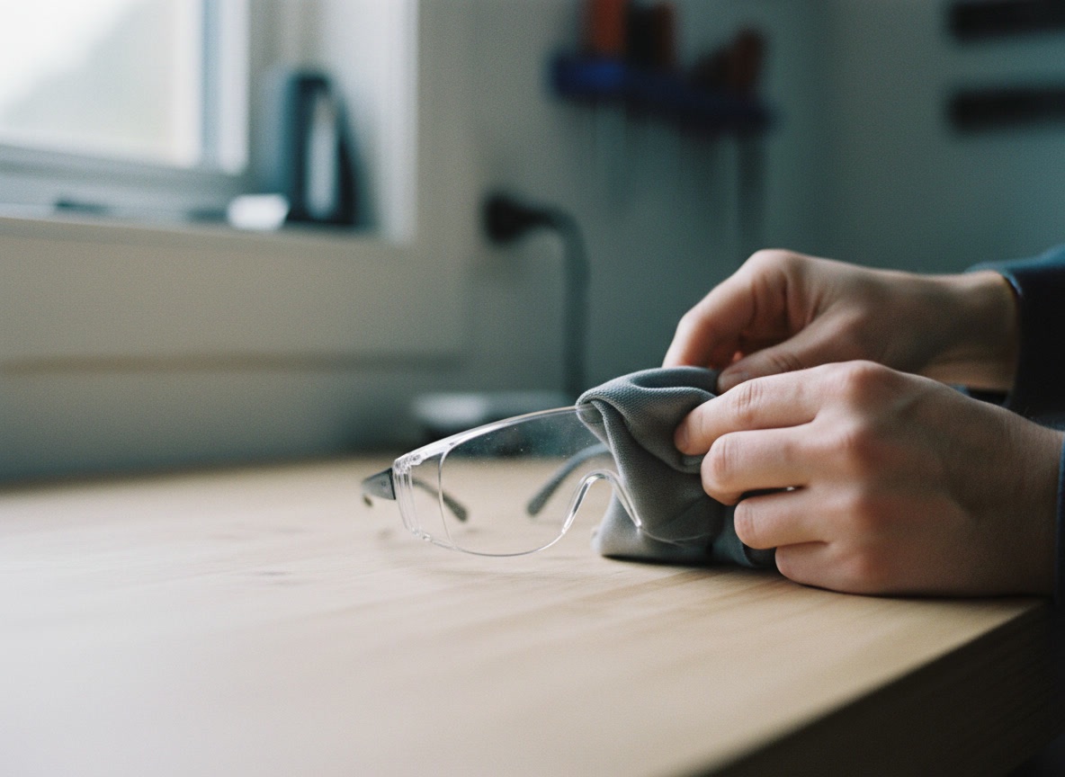 Hands wiping safety glasses with a microfibre cloth