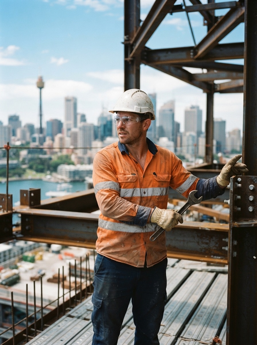 Construction worker in a hard hat and clear safety glasses on a Sydney high-rise site