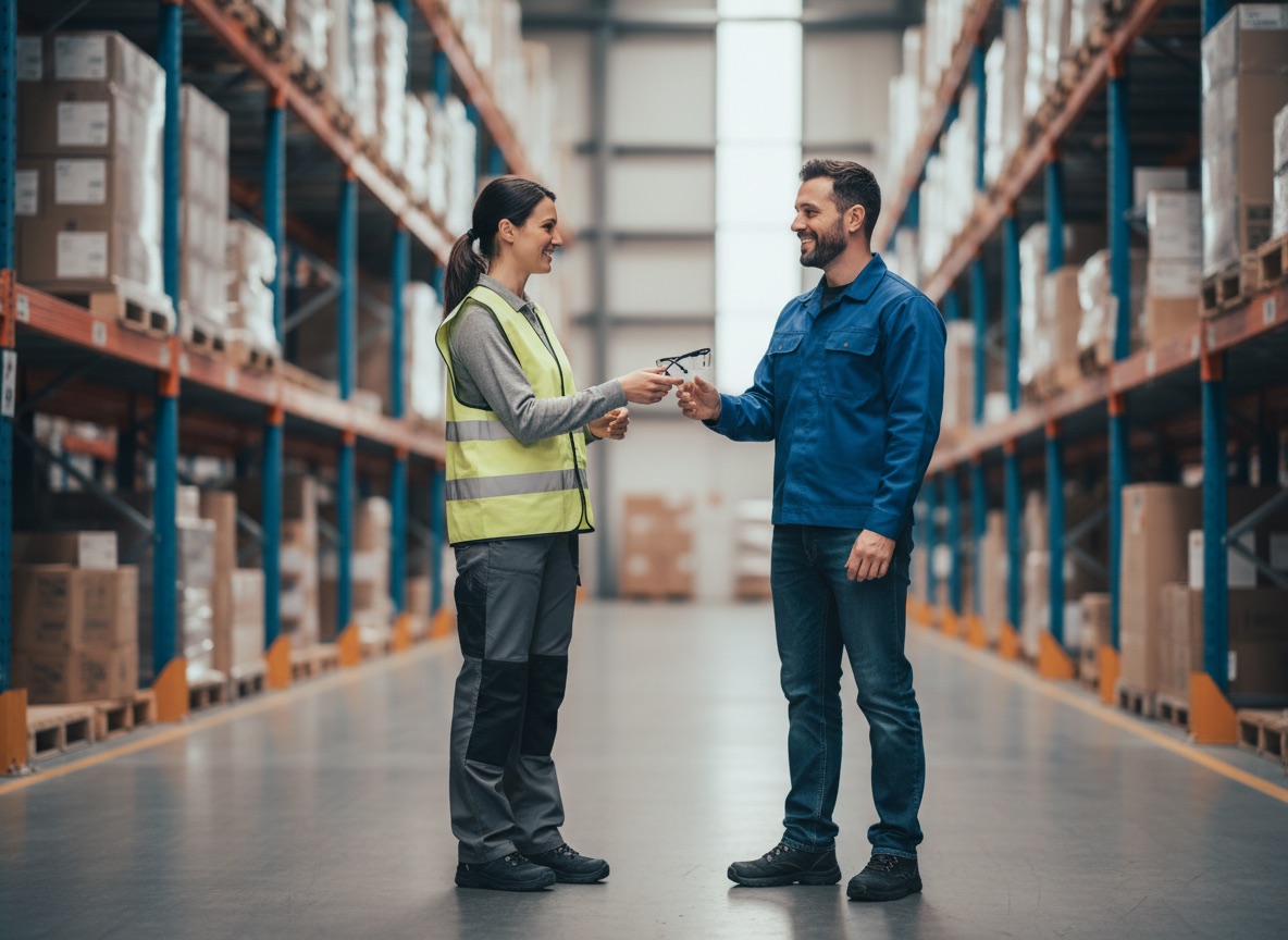 Safety manager handing a new pair of safety glasses to a warehouse worker