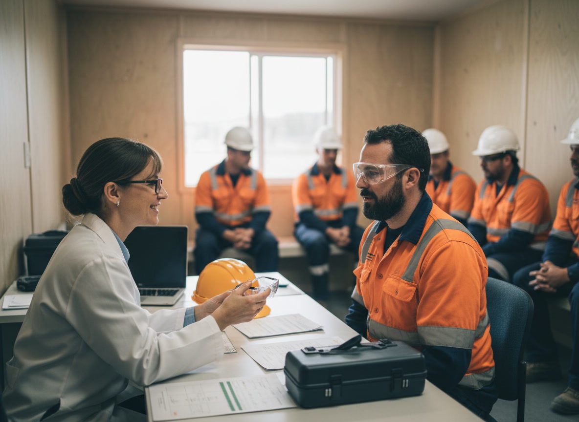 Optometrist fitting safety glasses on a worker in a site office