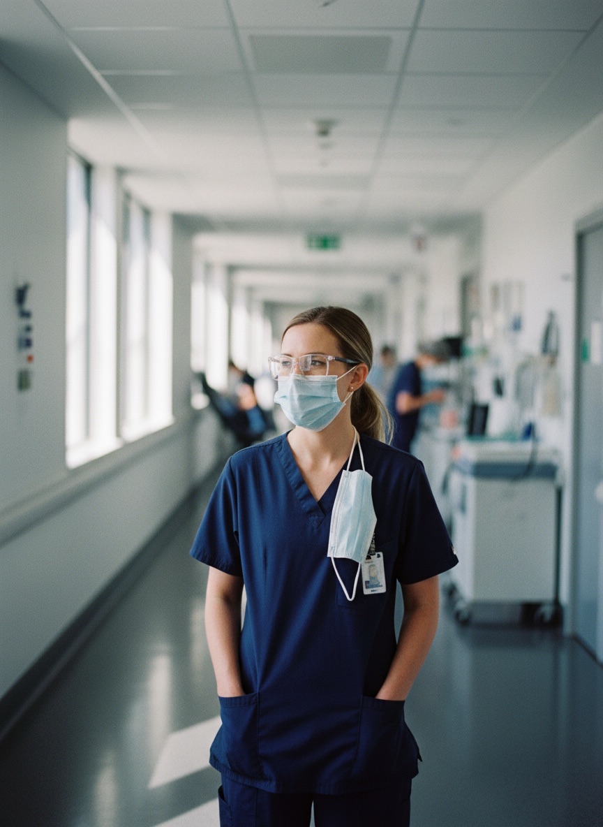 Nurse in scrubs wearing clear protective glasses in a hospital corridor