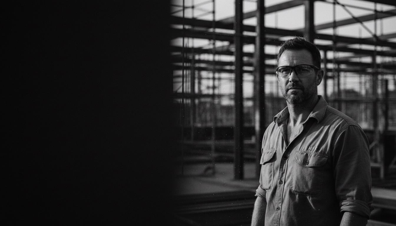 Tradesman on a steel-frame building site wearing matte black prescription safety glasses