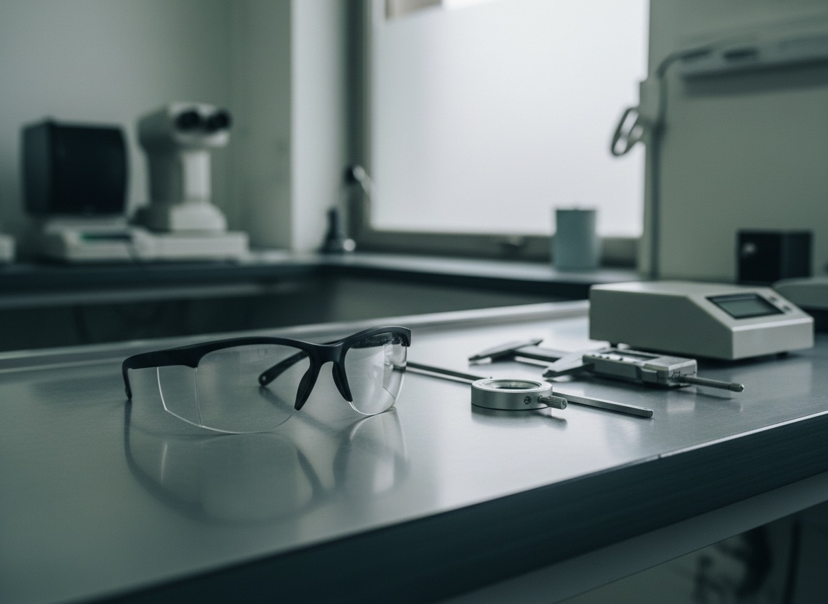 Black safety glasses on an optical workbench beside lens measuring tools