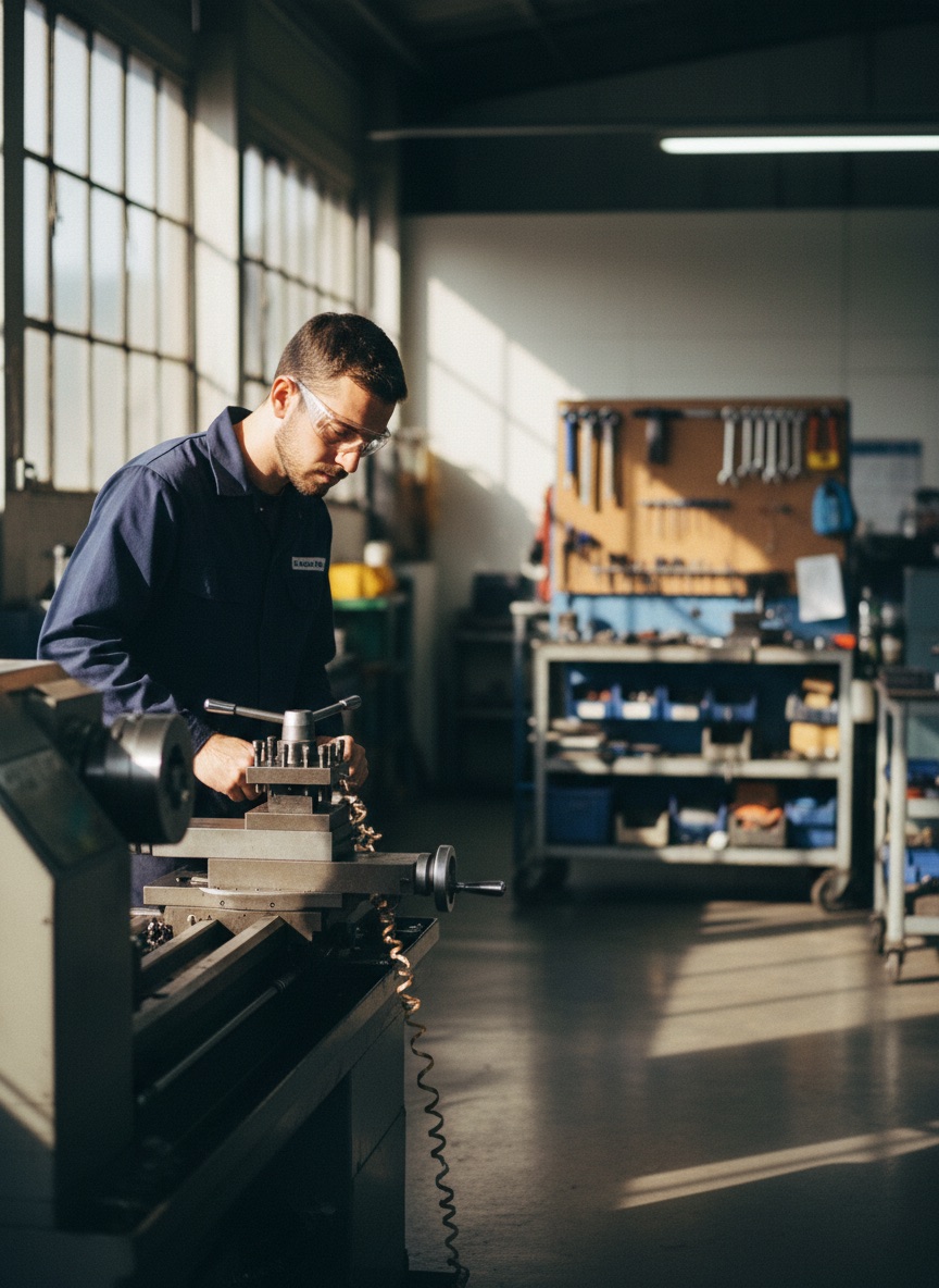 Machinist wearing clear safety glasses at a metal lathe