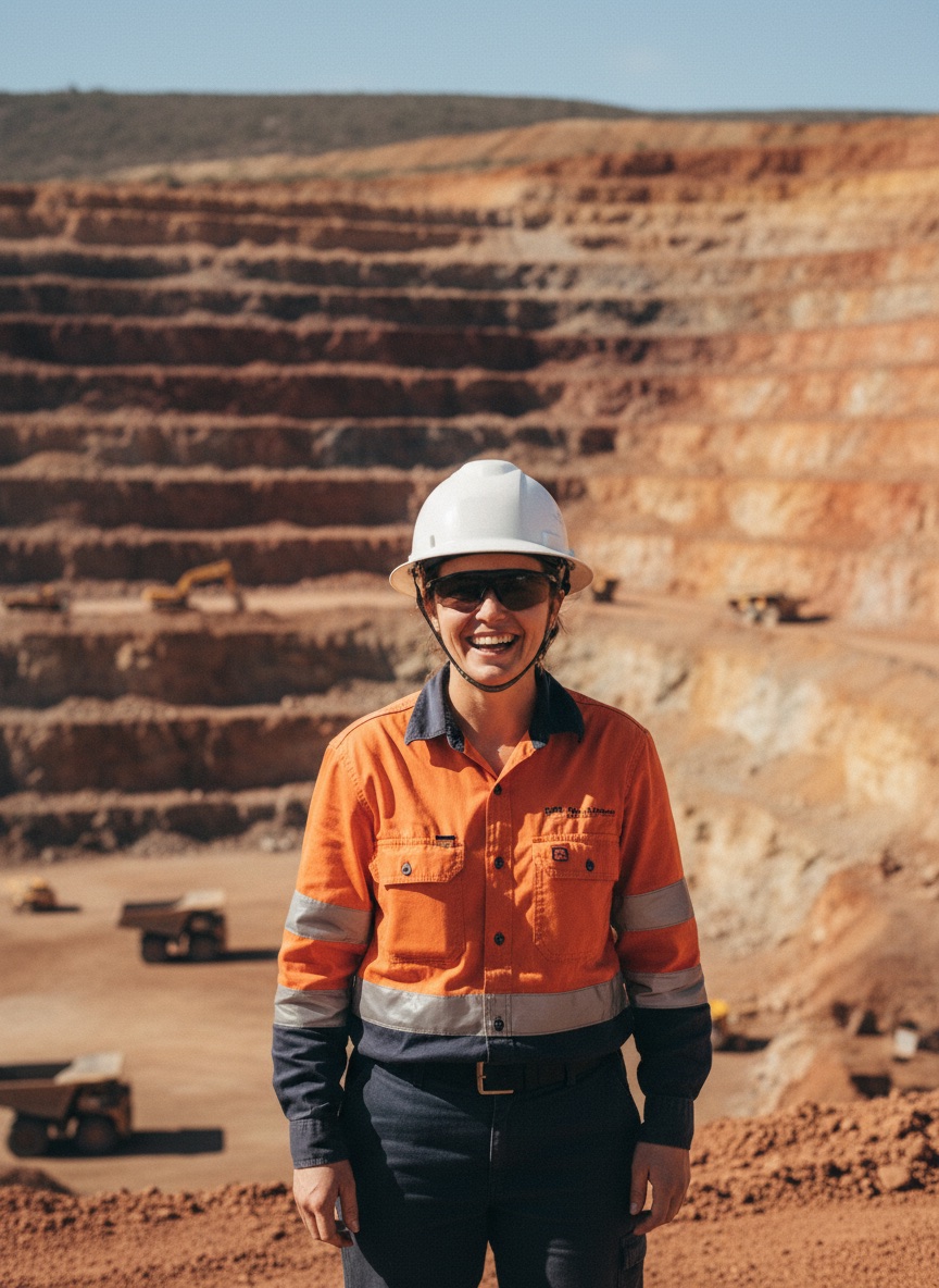 Mine site worker in hi-vis wearing tinted safety glasses at an open-cut pit