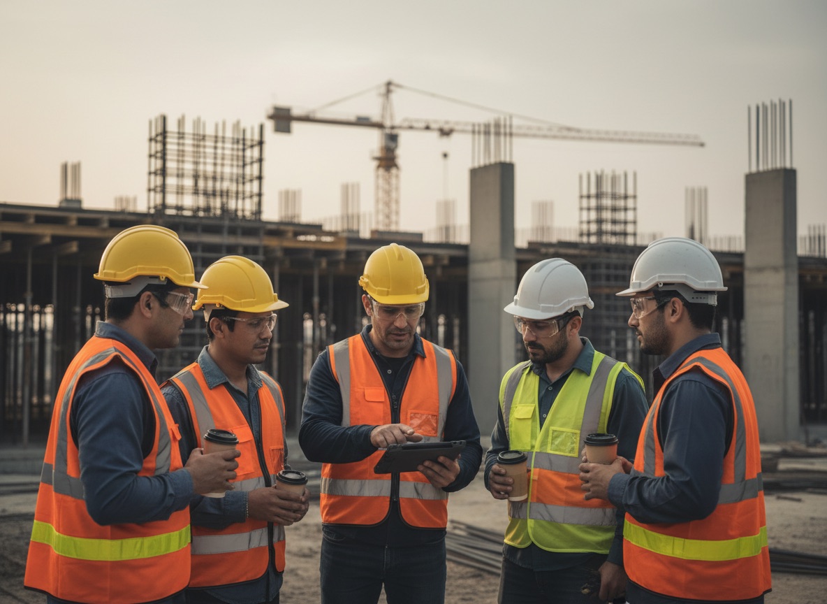 Construction crew in hi-vis and hard hats at a morning briefing