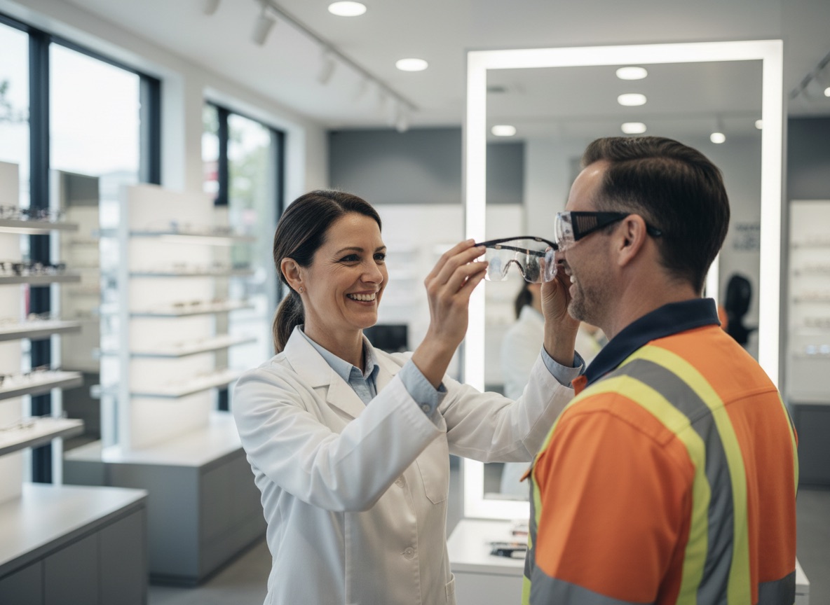 Optometrist fitting black safety glasses on a tradesperson