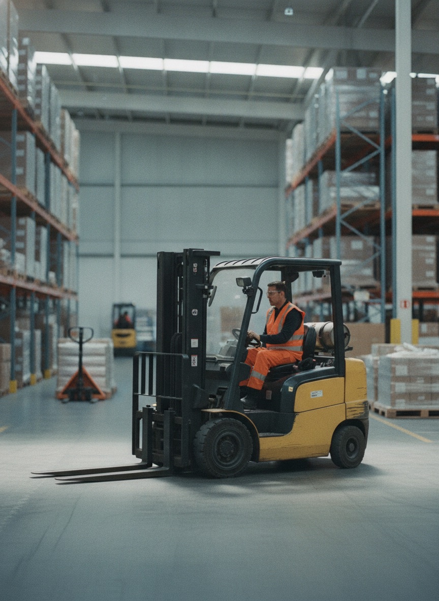Forklift operator in a hi-vis vest and clear safety glasses in a distribution centre