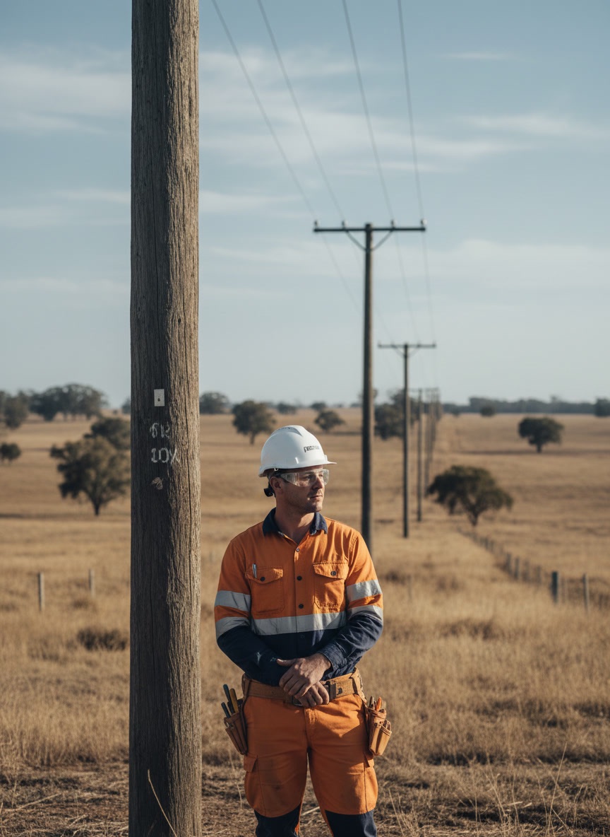 Line worker in hi-vis and clear safety glasses beside a power pole
